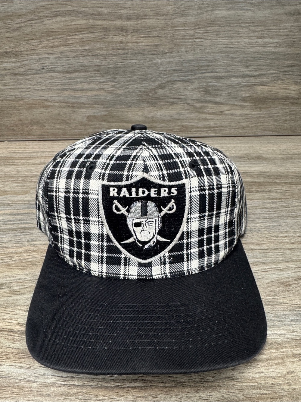 Vintage Raiders Black & White Plaid Snapback Hat